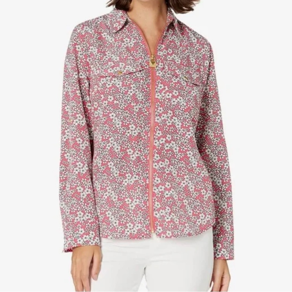 MICHAEL Michael Kors White and Pink Long Sleeve zip Down Shirt size large